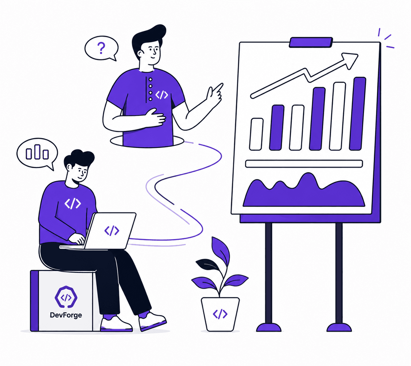 DEVFORGE internship illustration with students and progress chart
